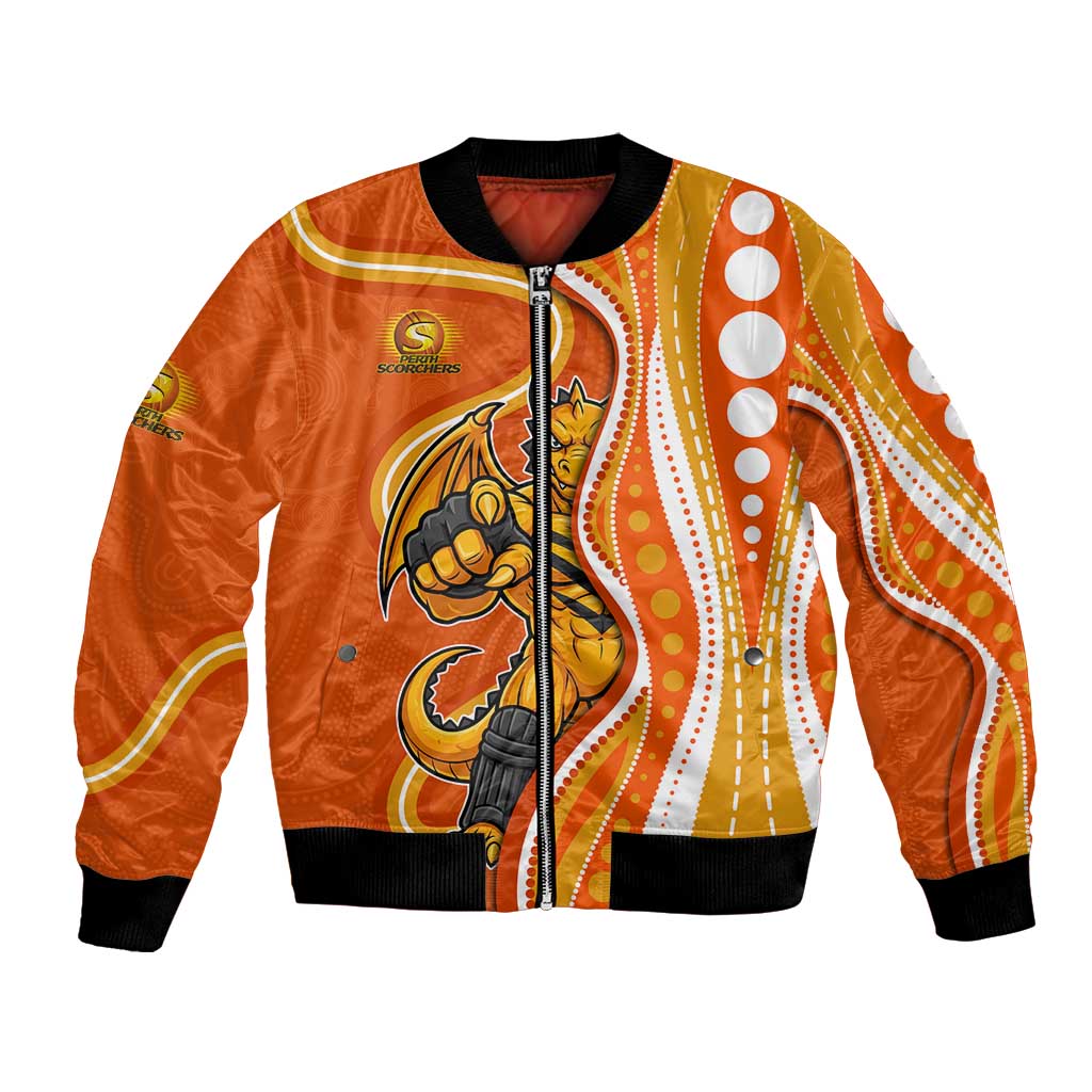 Perth Scorchers Bomber Jacket Aboriginal Dot Art Orange White - Tribal Wave Pattern