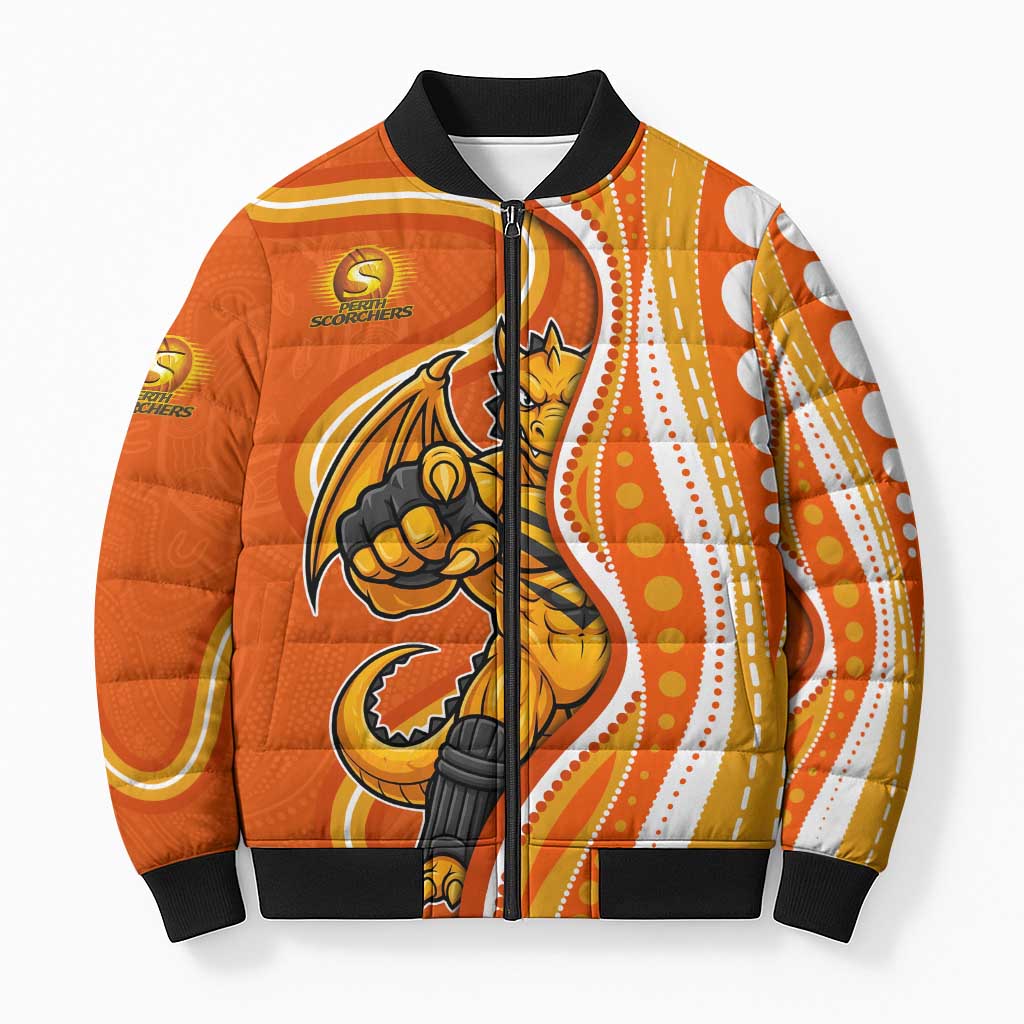 Perth Scorchers Bomber Puffer Jacket Aboriginal Dot Art Orange White - Tribal Wave Pattern