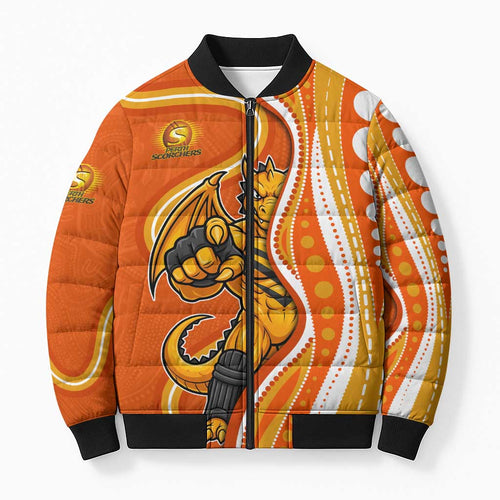 Perth Scorchers Bomber Puffer Jacket Aboriginal Dot Art Orange White - Tribal Wave Pattern