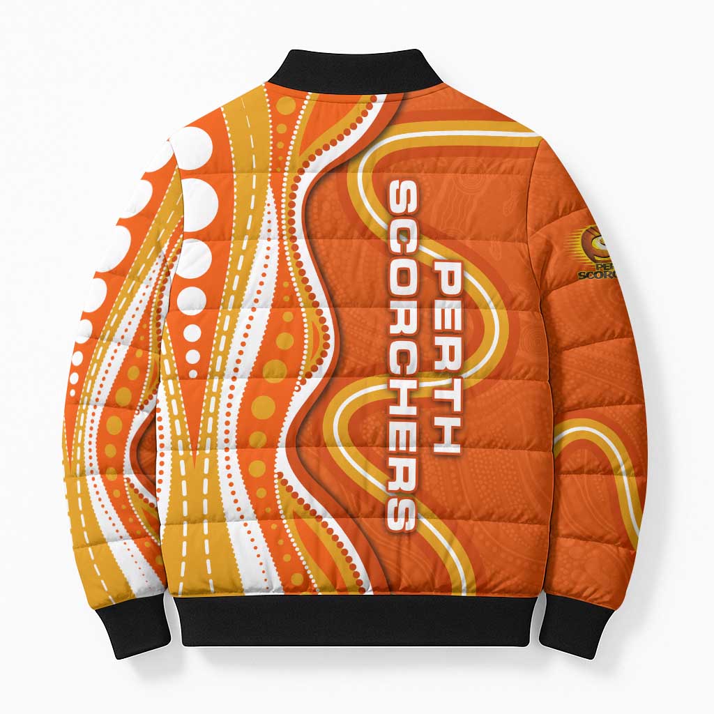 Perth Scorchers Bomber Puffer Jacket Aboriginal Dot Art Orange White - Tribal Wave Pattern