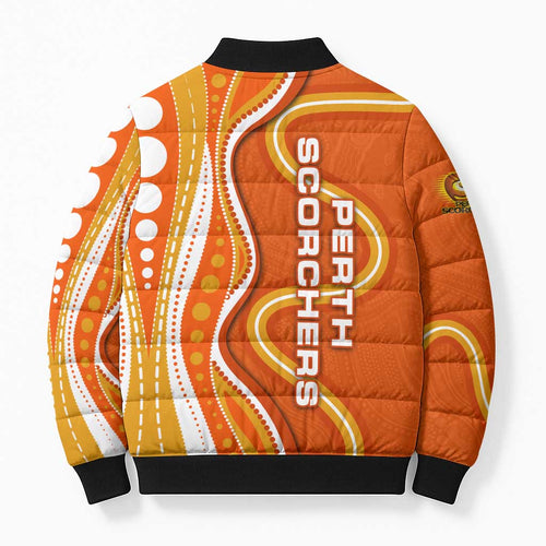 Perth Scorchers Bomber Puffer Jacket Aboriginal Dot Art Orange White - Tribal Wave Pattern