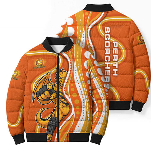 Perth Scorchers Bomber Puffer Jacket Aboriginal Dot Art Orange White - Tribal Wave Pattern