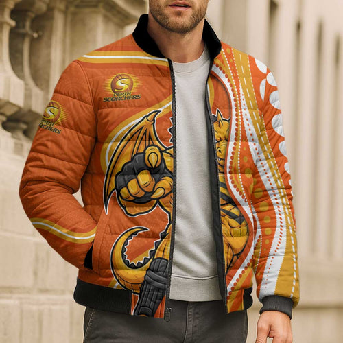 Perth Scorchers Bomber Puffer Jacket Aboriginal Dot Art Orange White - Tribal Wave Pattern