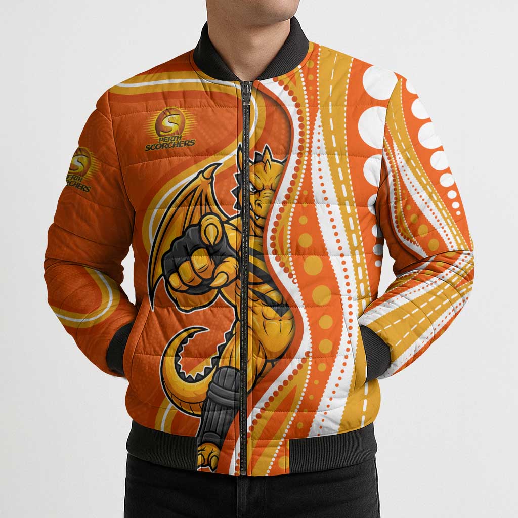 Perth Scorchers Bomber Puffer Jacket Aboriginal Dot Art Orange White - Tribal Wave Pattern