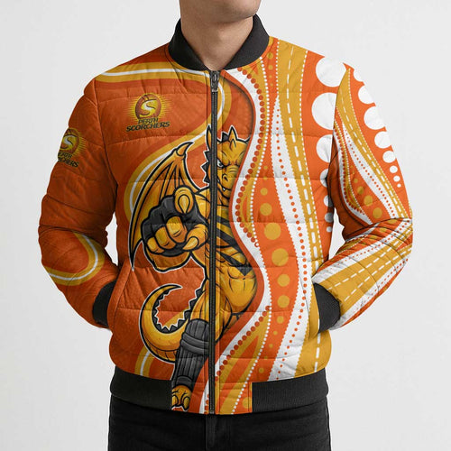 Perth Scorchers Bomber Puffer Jacket Aboriginal Dot Art Orange White - Tribal Wave Pattern