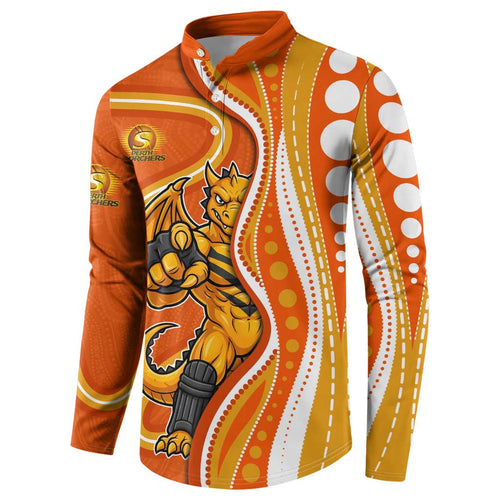 Perth Scorchers Button Sweatshirt Aboriginal Dot Art Orange White - Tribal Wave Pattern