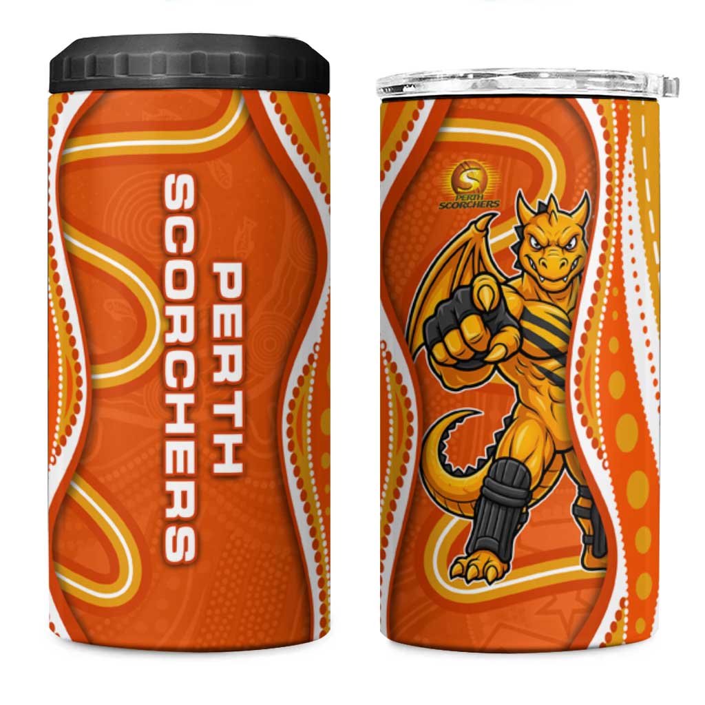 Perth Scorchers 4 in 1 Can Cooler Tumbler Aboriginal Dot Art Orange White - Tribal Wave Pattern