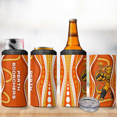 Perth Scorchers 4 in 1 Can Cooler Tumbler Aboriginal Dot Art Orange White - Tribal Wave Pattern