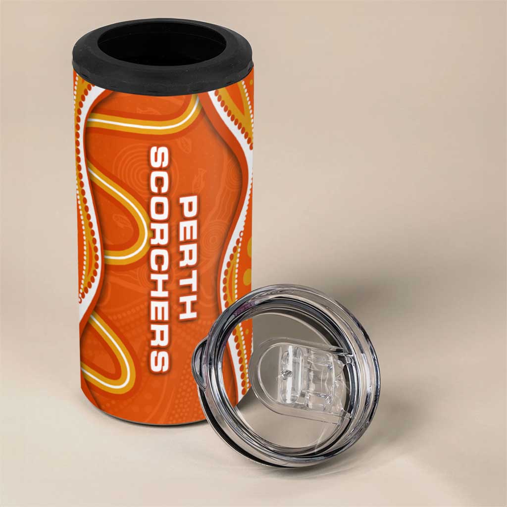 Perth Scorchers 4 in 1 Can Cooler Tumbler Aboriginal Dot Art Orange White - Tribal Wave Pattern