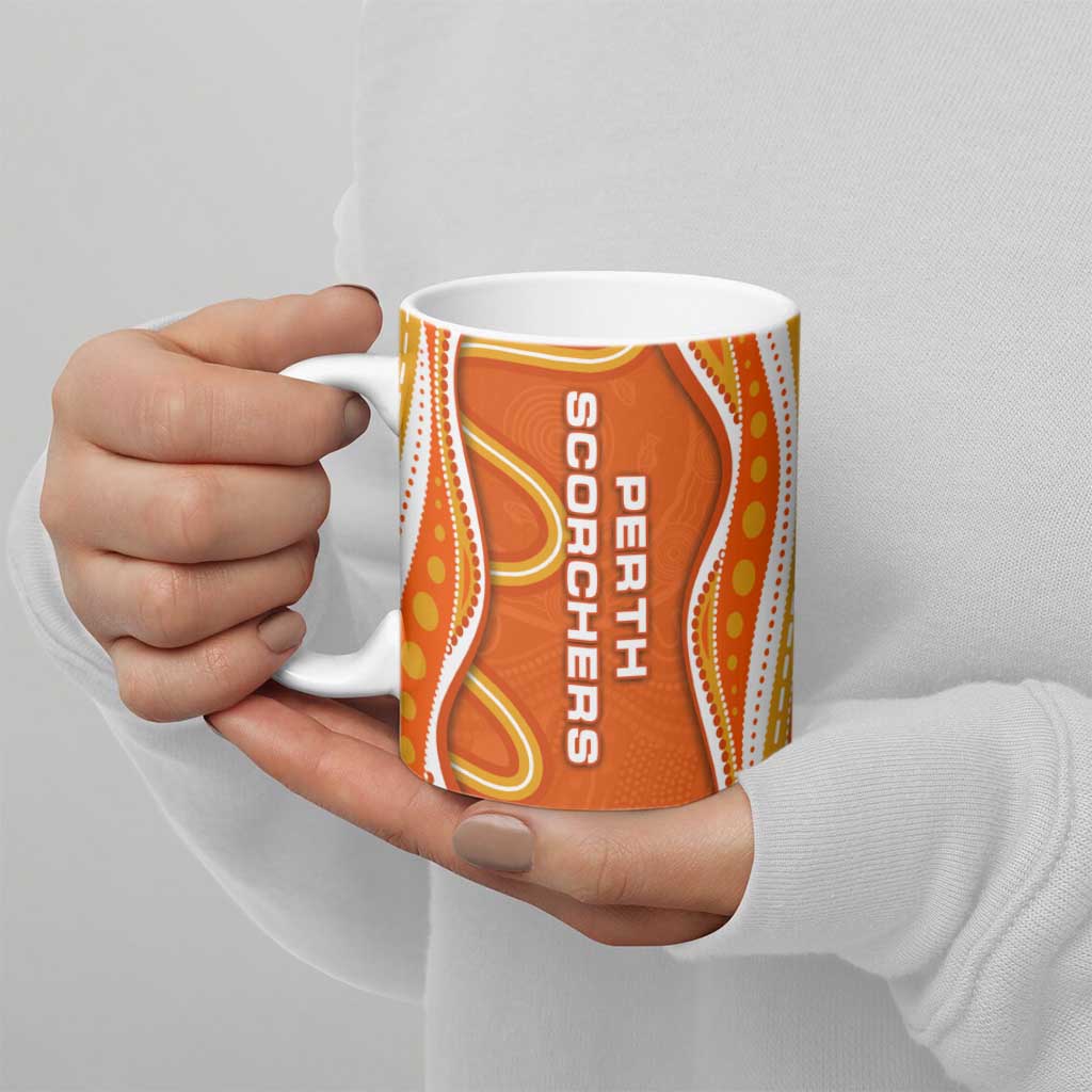 Perth Scorchers Ceramic Mug Aboriginal Dot Art Orange White - Tribal Wave Pattern