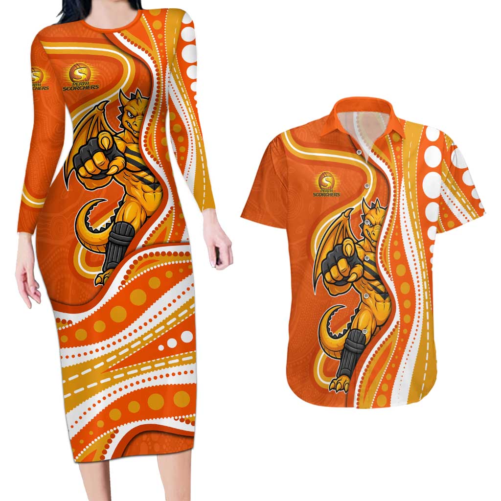 Perth Scorchers Couples Matching Long Sleeve Bodycon Dress and Hawaiian Shirt Aboriginal Dot Art Orange White - Tribal Wave Pattern