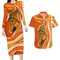 Perth Scorchers Couples Matching Long Sleeve Bodycon Dress and Hawaiian Shirt Aboriginal Dot Art Orange White - Tribal Wave Pattern