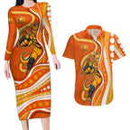 Perth Scorchers Couples Matching Long Sleeve Bodycon Dress and Hawaiian Shirt Aboriginal Dot Art Orange White - Tribal Wave Pattern
