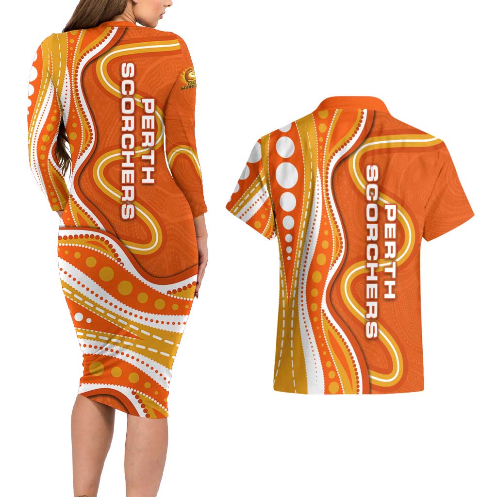 Perth Scorchers Couples Matching Long Sleeve Bodycon Dress and Hawaiian Shirt Aboriginal Dot Art Orange White - Tribal Wave Pattern