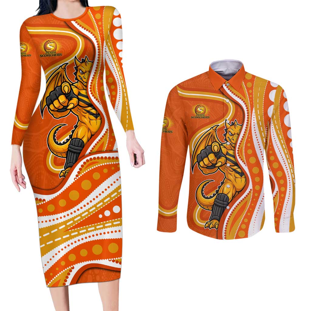 Perth Scorchers Couples Matching Long Sleeve Bodycon Dress and Long Sleeve Button Shirt Aboriginal Dot Art Orange White - Tribal Wave Pattern