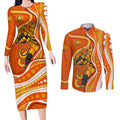 Perth Scorchers Couples Matching Long Sleeve Bodycon Dress and Long Sleeve Button Shirt Aboriginal Dot Art Orange White - Tribal Wave Pattern