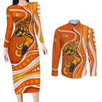 Perth Scorchers Couples Matching Long Sleeve Bodycon Dress and Long Sleeve Button Shirt Aboriginal Dot Art Orange White - Tribal Wave Pattern