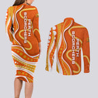 Perth Scorchers Couples Matching Long Sleeve Bodycon Dress and Long Sleeve Button Shirt Aboriginal Dot Art Orange White - Tribal Wave Pattern