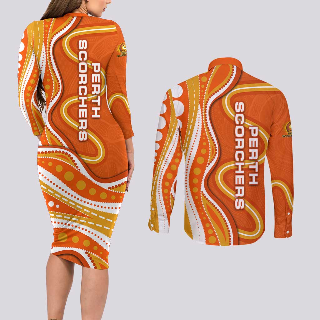 Perth Scorchers Couples Matching Long Sleeve Bodycon Dress and Long Sleeve Button Shirt Aboriginal Dot Art Orange White - Tribal Wave Pattern