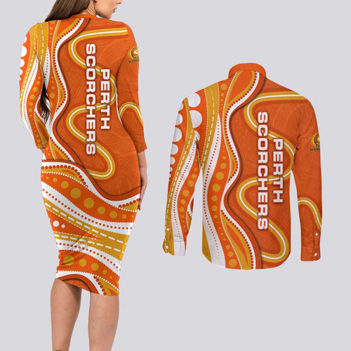 Perth Scorchers Couples Matching Long Sleeve Bodycon Dress and Long Sleeve Button Shirt Aboriginal Dot Art Orange White - Tribal Wave Pattern