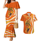 Perth Scorchers Couples Matching Mermaid Dress and Hawaiian Shirt Aboriginal Dot Art Orange White - Tribal Wave Pattern