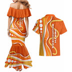 Perth Scorchers Couples Matching Mermaid Dress and Hawaiian Shirt Aboriginal Dot Art Orange White - Tribal Wave Pattern
