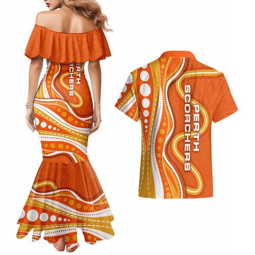 Perth Scorchers Couples Matching Mermaid Dress and Hawaiian Shirt Aboriginal Dot Art Orange White - Tribal Wave Pattern