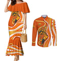 Perth Scorchers Couples Matching Mermaid Dress and Long Sleeve Button Shirt Aboriginal Dot Art Orange White - Tribal Wave Pattern