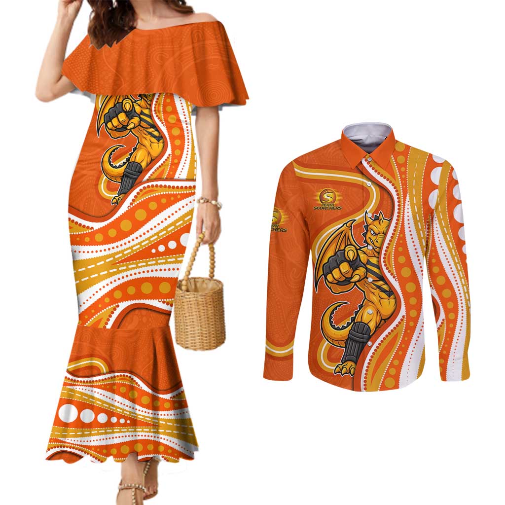 Perth Scorchers Couples Matching Mermaid Dress and Long Sleeve Button Shirt Aboriginal Dot Art Orange White - Tribal Wave Pattern