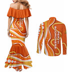 Perth Scorchers Couples Matching Mermaid Dress and Long Sleeve Button Shirt Aboriginal Dot Art Orange White - Tribal Wave Pattern