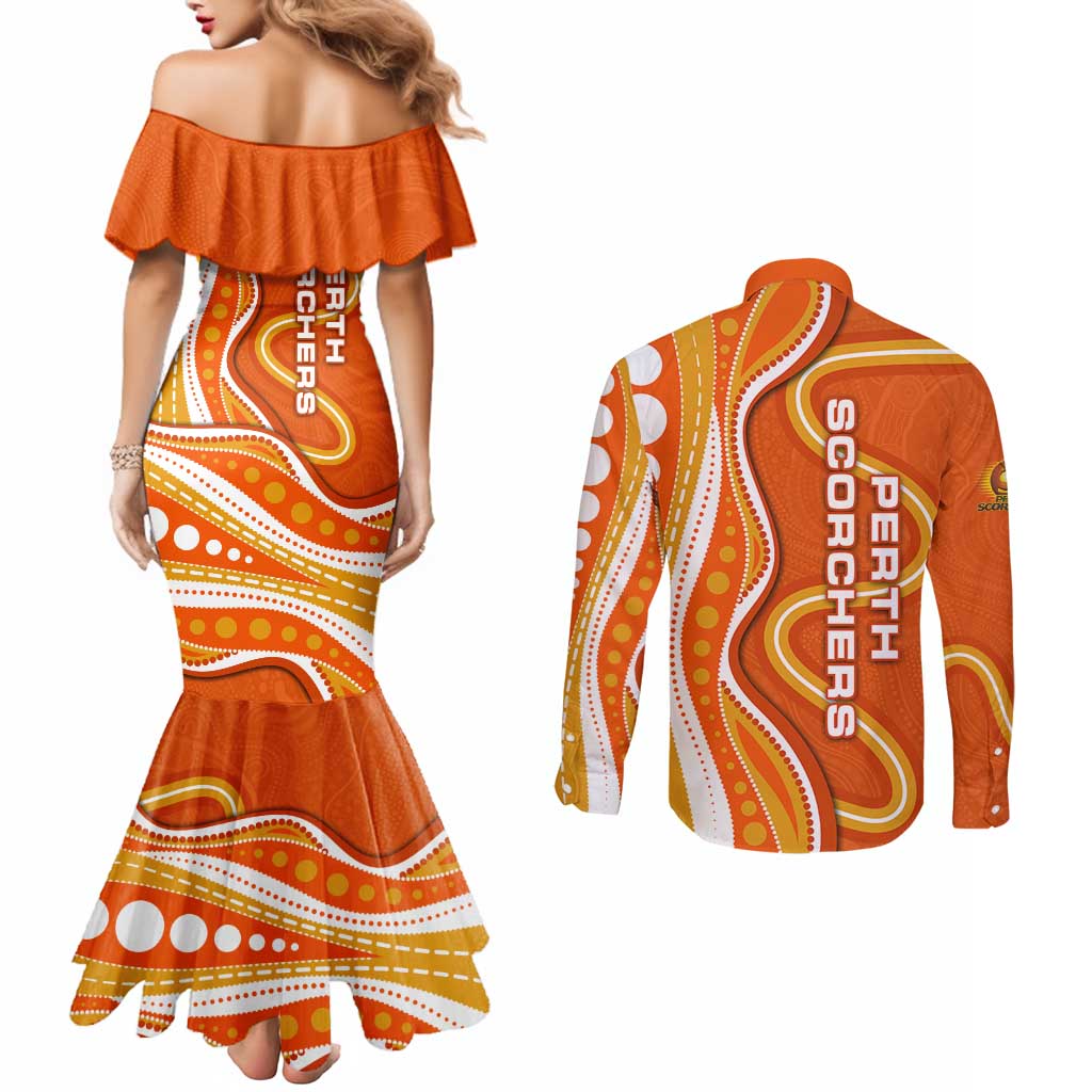 Perth Scorchers Couples Matching Mermaid Dress and Long Sleeve Button Shirt Aboriginal Dot Art Orange White - Tribal Wave Pattern