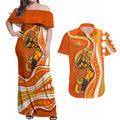 Perth Scorchers Couples Matching Off Shoulder Maxi Dress and Hawaiian Shirt Aboriginal Dot Art Orange White - Tribal Wave Pattern