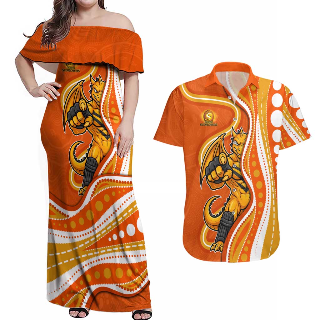 Perth Scorchers Couples Matching Off Shoulder Maxi Dress and Hawaiian Shirt Aboriginal Dot Art Orange White - Tribal Wave Pattern