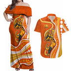 Perth Scorchers Couples Matching Off Shoulder Maxi Dress and Hawaiian Shirt Aboriginal Dot Art Orange White - Tribal Wave Pattern