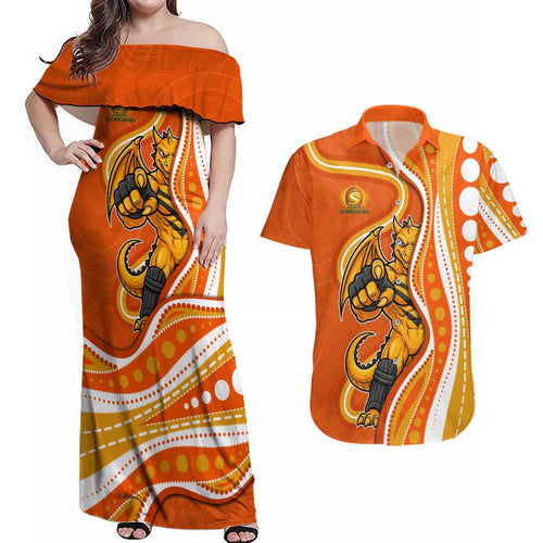 Perth Scorchers Couples Matching Off Shoulder Maxi Dress and Hawaiian Shirt Aboriginal Dot Art Orange White - Tribal Wave Pattern
