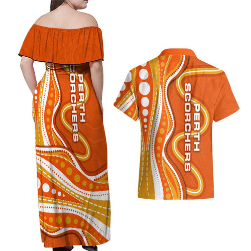 Perth Scorchers Couples Matching Off Shoulder Maxi Dress and Hawaiian Shirt Aboriginal Dot Art Orange White - Tribal Wave Pattern