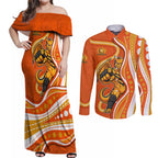 Perth Scorchers Couples Matching Off Shoulder Maxi Dress and Long Sleeve Button Shirt Aboriginal Dot Art Orange White - Tribal Wave Pattern