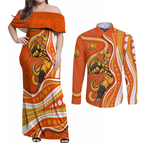 Perth Scorchers Couples Matching Off Shoulder Maxi Dress and Long Sleeve Button Shirt Aboriginal Dot Art Orange White - Tribal Wave Pattern