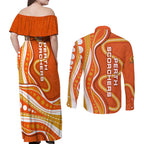 Perth Scorchers Couples Matching Off Shoulder Maxi Dress and Long Sleeve Button Shirt Aboriginal Dot Art Orange White - Tribal Wave Pattern