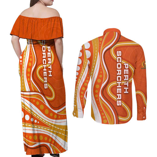 Perth Scorchers Couples Matching Off Shoulder Maxi Dress and Long Sleeve Button Shirt Aboriginal Dot Art Orange White - Tribal Wave Pattern