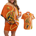 Perth Scorchers Couples Matching Off Shoulder Short Dress and Hawaiian Shirt Aboriginal Dot Art Orange White - Tribal Wave Pattern