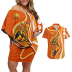 Perth Scorchers Couples Matching Off Shoulder Short Dress and Hawaiian Shirt Aboriginal Dot Art Orange White - Tribal Wave Pattern