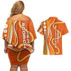 Perth Scorchers Couples Matching Off Shoulder Short Dress and Hawaiian Shirt Aboriginal Dot Art Orange White - Tribal Wave Pattern