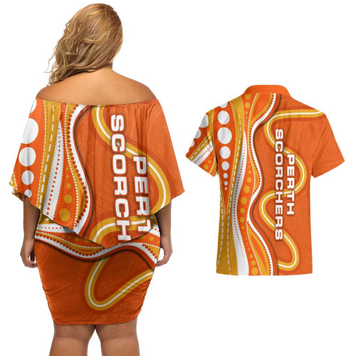 Perth Scorchers Couples Matching Off Shoulder Short Dress and Hawaiian Shirt Aboriginal Dot Art Orange White - Tribal Wave Pattern