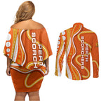 Perth Scorchers Couples Matching Off Shoulder Short Dress and Long Sleeve Button Shirt Aboriginal Dot Art Orange White - Tribal Wave Pattern