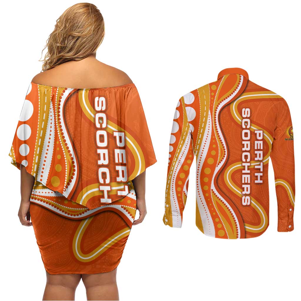 Perth Scorchers Couples Matching Off Shoulder Short Dress and Long Sleeve Button Shirt Aboriginal Dot Art Orange White - Tribal Wave Pattern