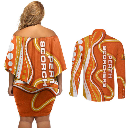 Perth Scorchers Couples Matching Off Shoulder Short Dress and Long Sleeve Button Shirt Aboriginal Dot Art Orange White - Tribal Wave Pattern
