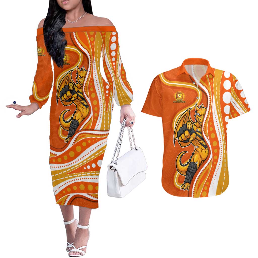 Perth Scorchers Couples Matching Off The Shoulder Long Sleeve Dress and Hawaiian Shirt Aboriginal Dot Art Orange White - Tribal Wave Pattern