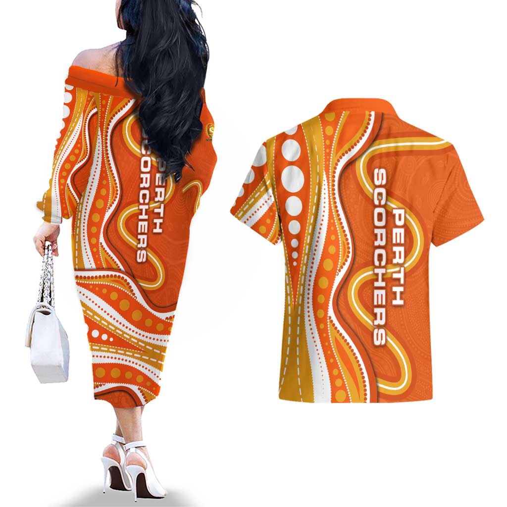 Perth Scorchers Couples Matching Off The Shoulder Long Sleeve Dress and Hawaiian Shirt Aboriginal Dot Art Orange White - Tribal Wave Pattern