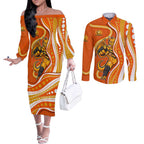 Perth Scorchers Couples Matching Off The Shoulder Long Sleeve Dress and Long Sleeve Button Shirt Aboriginal Dot Art Orange White - Tribal Wave Pattern